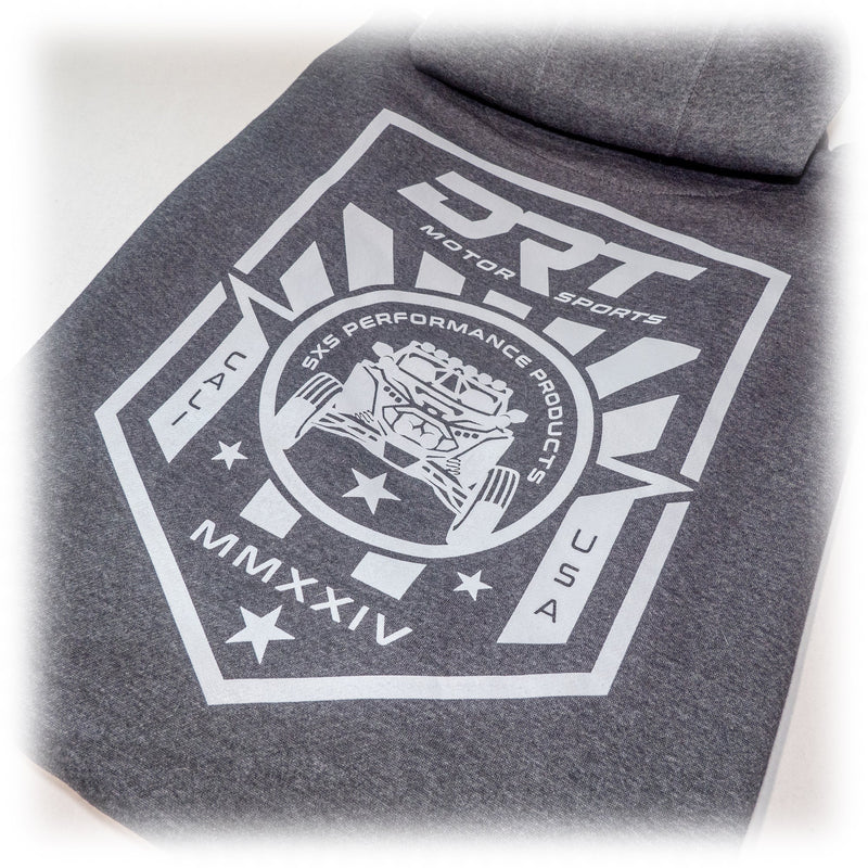 Load image into Gallery viewer, Drt motorsports hoodie in charcoal grey back logo view
