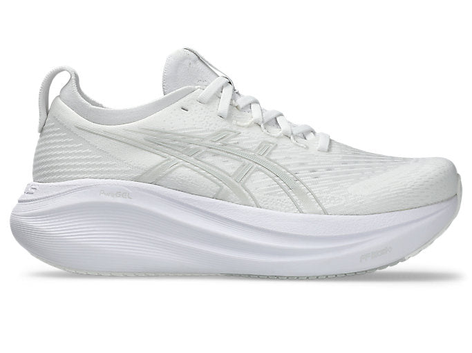 Women's Asics Gel-Nimbus 27, White/Glacier Grey, 8.5 B Medium - Skoutley Outdoors LLC