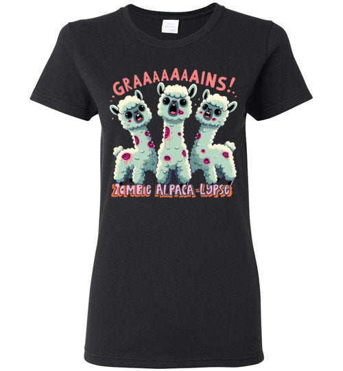 Load image into Gallery viewer, t-shirt: Halloween GRAINS Zombie Alpaca-lypse Gildan Ladies Short-Sleeve T-Shirt
