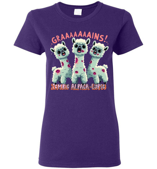 Load image into Gallery viewer, t-shirt: Halloween GRAINS Zombie Alpaca-lypse Gildan Ladies Short-Sleeve T-Shirt
