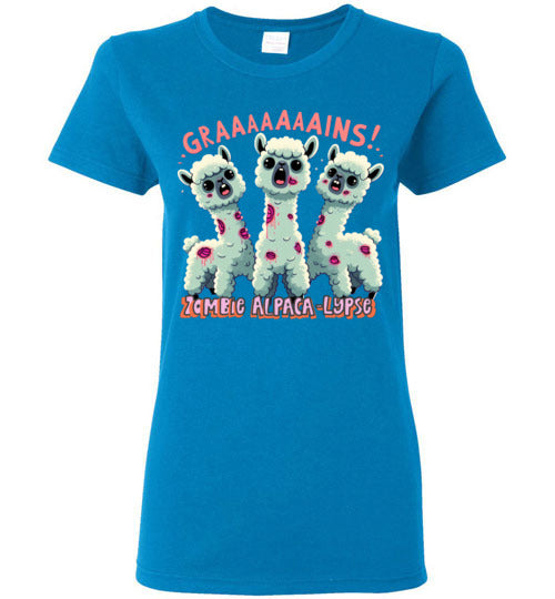 Load image into Gallery viewer, t-shirt: Halloween GRAINS Zombie Alpaca-lypse Gildan Ladies Short-Sleeve T-Shirt
