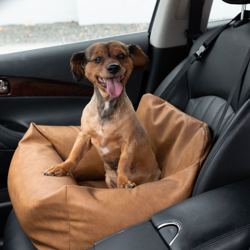 Load image into Gallery viewer, PupProtector™ Faux Cool-to-Touch Vegan Leather Memory Foam Dog Car Bed - Camel
