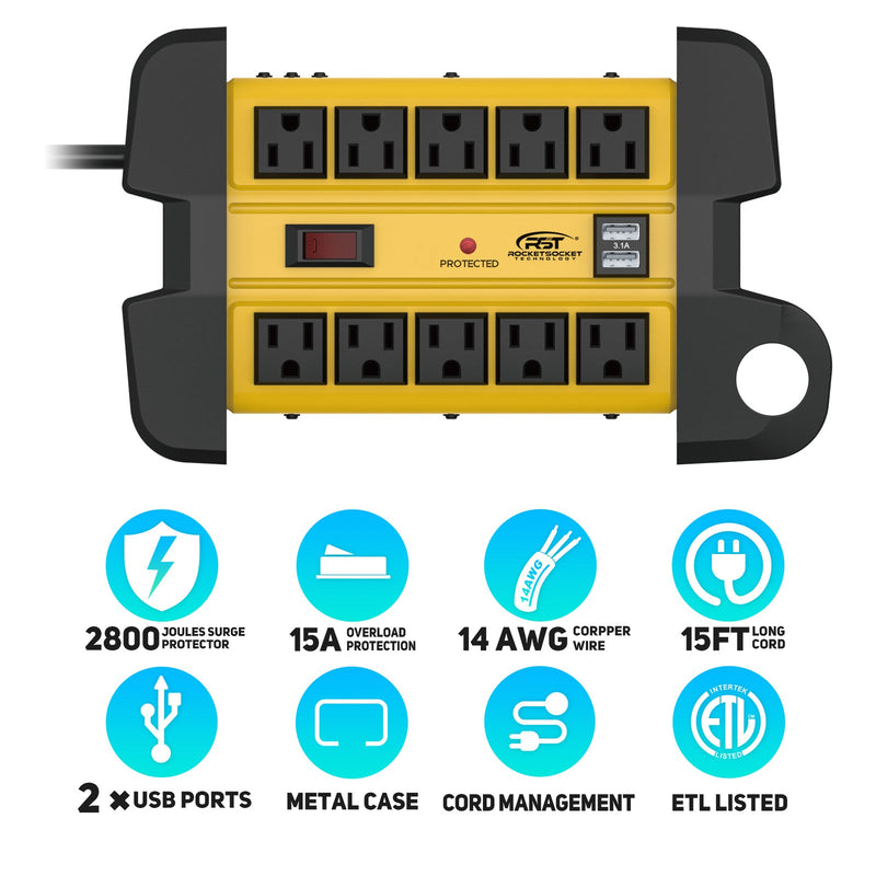 Load image into Gallery viewer, CRST 10-Outlet Metal Power Strip Surge Protector, 2800 Joules, 15ft with Cord Management
