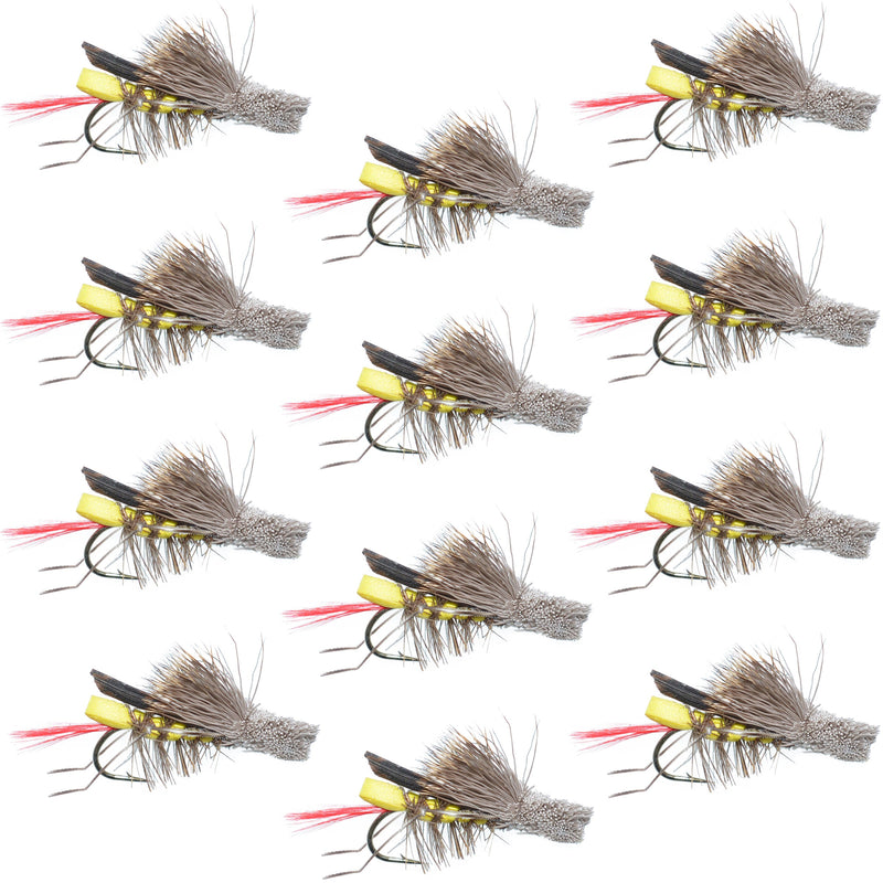 Load image into Gallery viewer, Daves Hopper Yellow Foam Body Grasshopper Fly - 1 Dozen Flies Size 12
