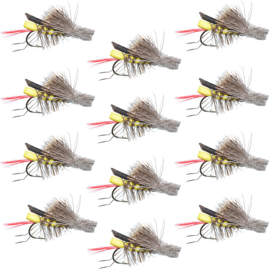 Daves Hopper Yellow Foam Body Grasshopper Fly - 1 Dozen Flies Size 12