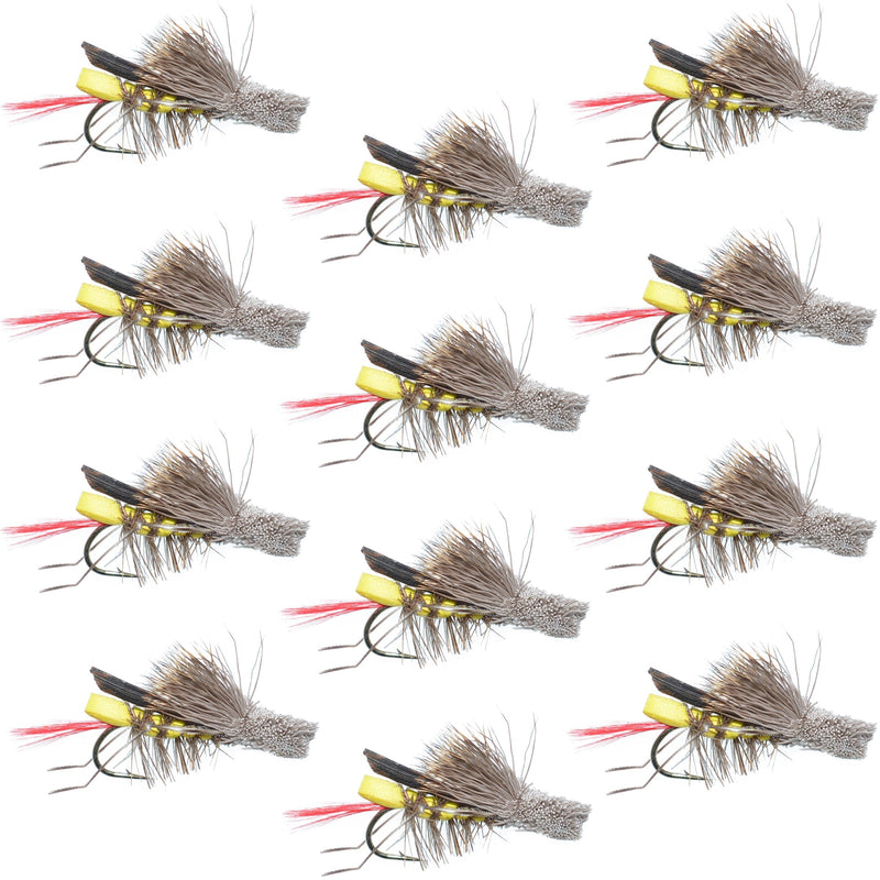 Load image into Gallery viewer, Daves Hopper Yellow Foam Body Grasshopper Fly - 1 Dozen Flies Hook Size 8
