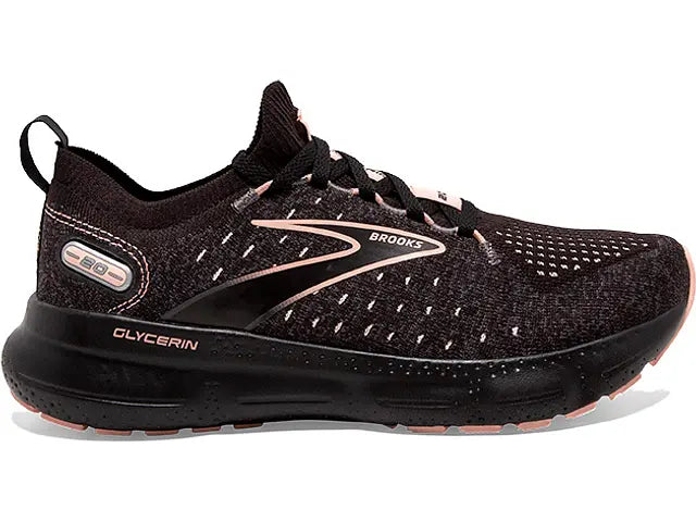 Women's Brooks Glycerin StealthFit 20, Black/Pearl/Peach, 11 B Medium - Skoutley Outdoors LLC
