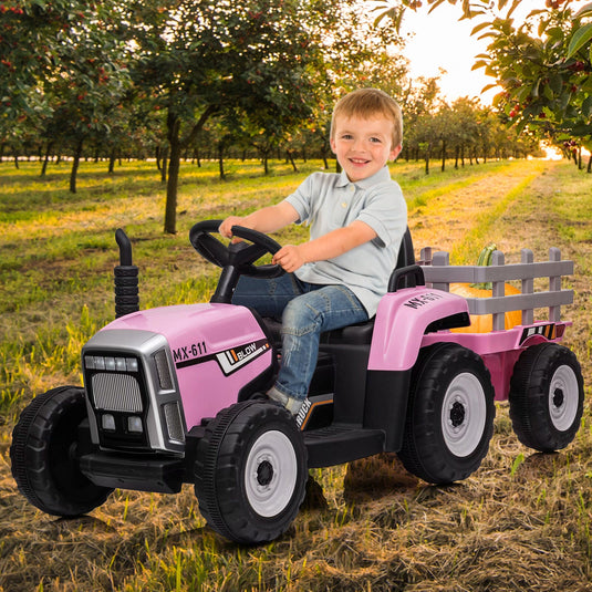 12V Battery Powered Electric Tractor Ride-On Car with Trailer for Kids