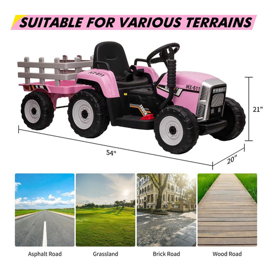 12V Battery Powered Electric Tractor with Trailer Ride-On Toy for Kids with Remote Control