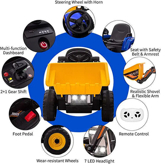12V Battery-Powered Excavator Ride-On Toy with Music, Headlights, and Tractor Design - Perfect Gift for Kids