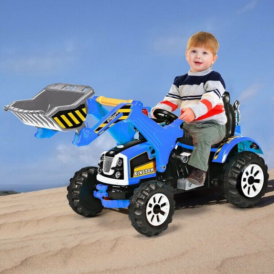 12V Battery Powered Kids Excavator Truck with Front Loader Digger - Blue