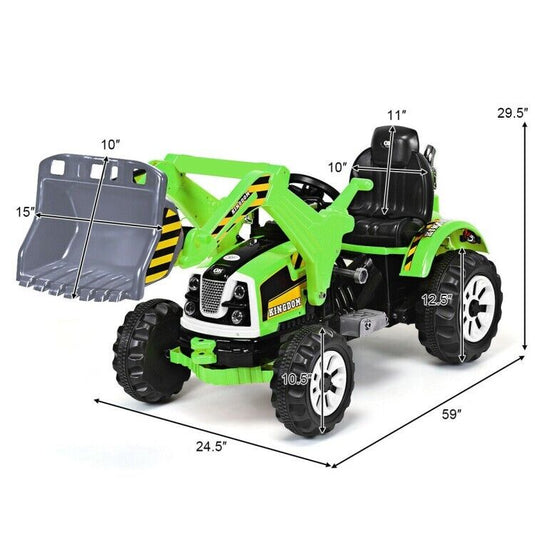 12V Battery Powered Kids Excavator Truck with Front Loader Digger - Green