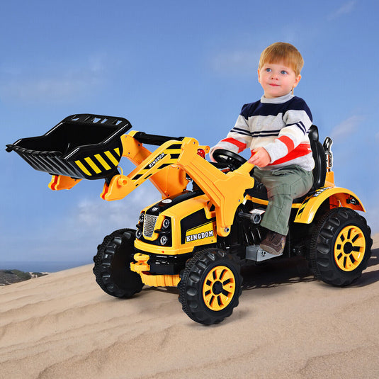 12V Battery Powered Kids Excavator Truck with Front Loader Digger - Yellow
