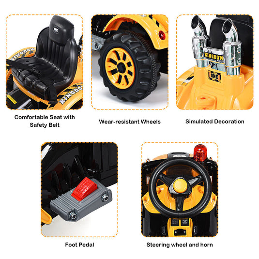 12V Battery Powered Kids Excavator Truck with Front Loader Digger - Yellow