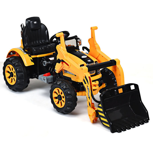 12V Battery Powered Kids Excavator Truck with Front Loader Digger - Yellow