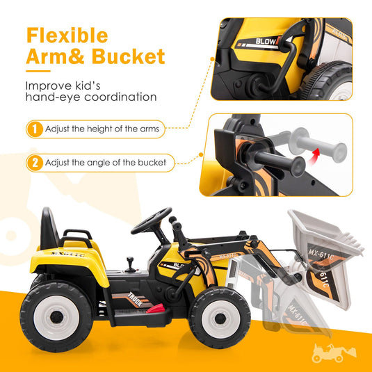 12V Battery Powered Kids Excavator with Adjustable Arm - Yellow