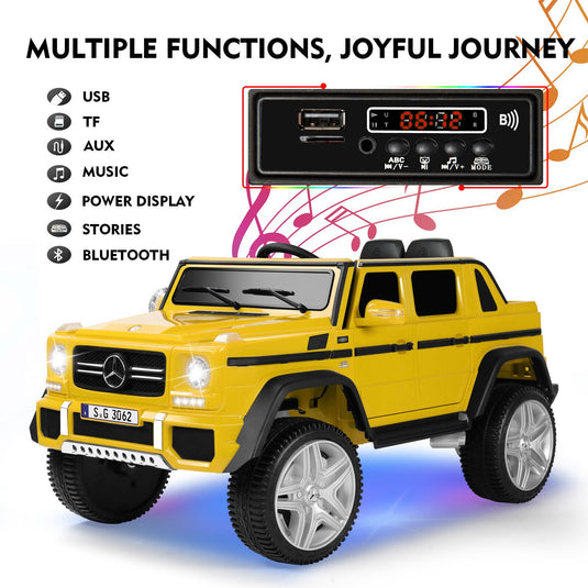 Mercedes-Benz Truck 12V Battery Ride On Car for Kids with 3 Speeds, LED Lights, Music, and Remote Control - Yellow