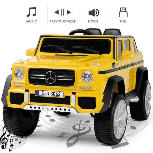 Mercedes-Benz Truck 12V Battery Ride On Car for Kids with 3 Speeds, LED Lights, Music, and Remote Control - Yellow