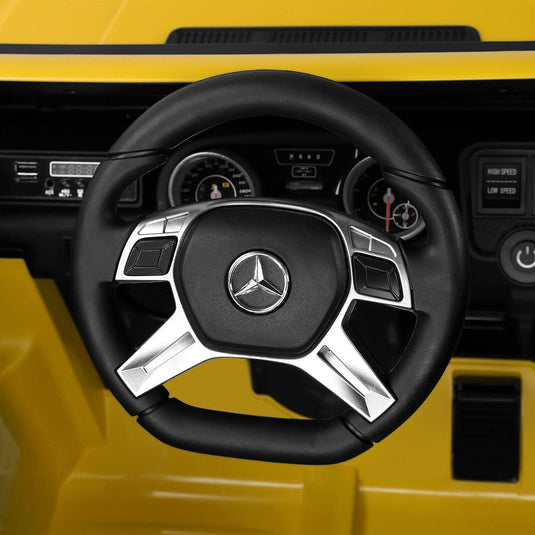 Mercedes-Benz Truck 12V Battery Ride On Car for Kids with 3 Speeds, LED Lights, Music, and Remote Control - Yellow