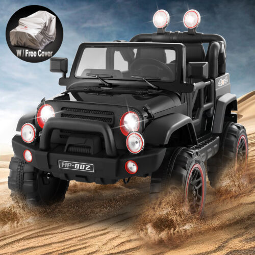 3-Speed Black Ride-On Car for Kids with RC, MP3, LED Lights, USB, and Cover - 12V Battery Powered