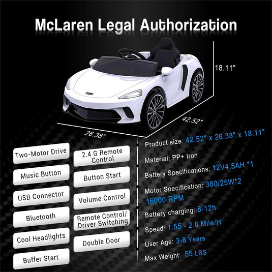 12V Battery Powered Sports Car for Kids with LED Headlights and 2 Speeds - White