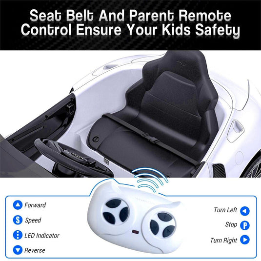 12V Battery Powered Sports Car for Kids with LED Headlights and 2 Speeds - White