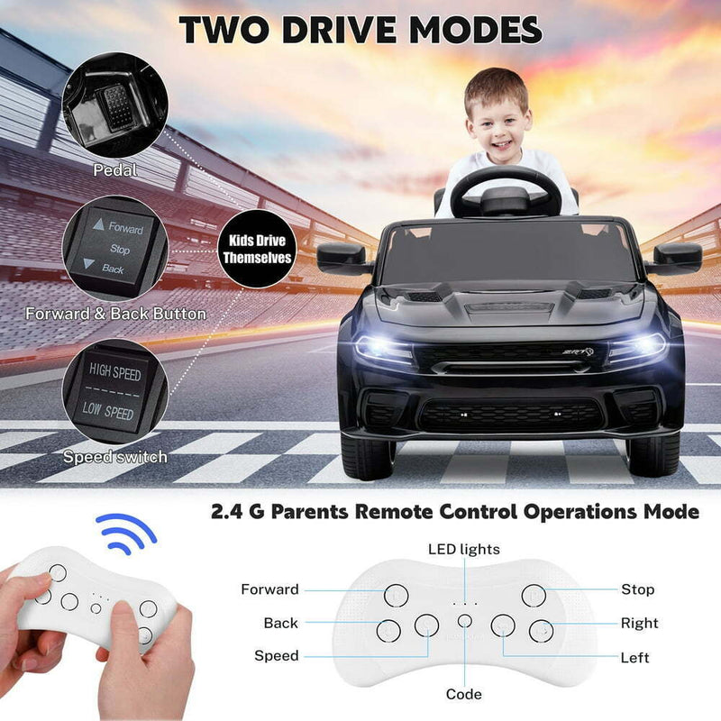 Load image into Gallery viewer, 12V Dodge Charger SRT Hellcat Ride-On Toy with Remote Control, MP3, and LED Lights for Kids
