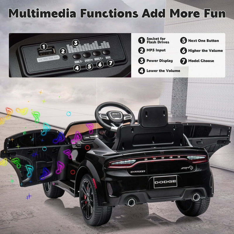 Load image into Gallery viewer, 12V Dodge Charger SRT Hellcat Ride-On Toy with Remote Control, MP3, and LED Lights for Kids
