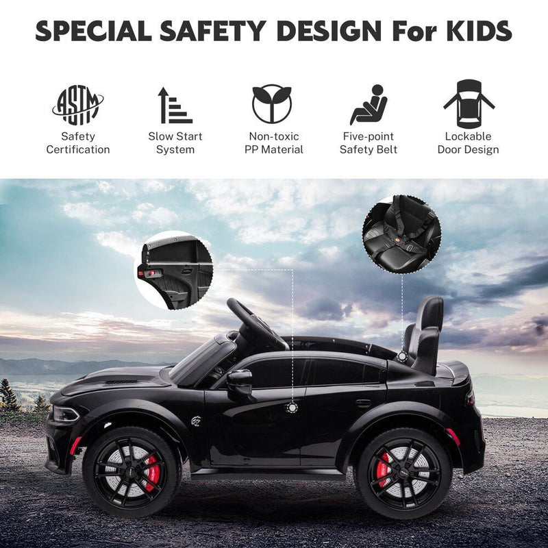 Load image into Gallery viewer, 12V Dodge Charger SRT Hellcat Ride-On Toy with Remote Control, MP3, and LED Lights for Kids
