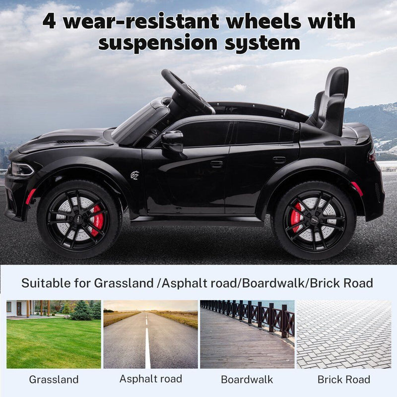 Load image into Gallery viewer, 12V Dodge Charger SRT Hellcat Ride-On Toy with Remote Control, MP3, and LED Lights for Kids
