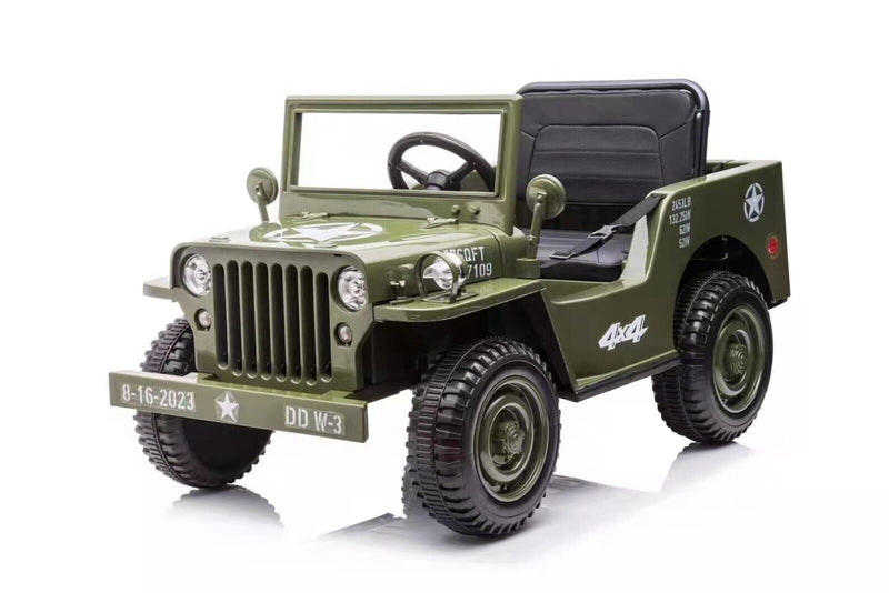 Load image into Gallery viewer, 12V Electric Jeep with Bluetooth MP3, Rubber EVA Tires, and Remote Control in Tan, Black, and Green
