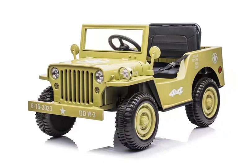 Load image into Gallery viewer, 12V Electric Jeep with Bluetooth MP3, Rubber EVA Tires, and Remote Control in Tan, Black, and Green
