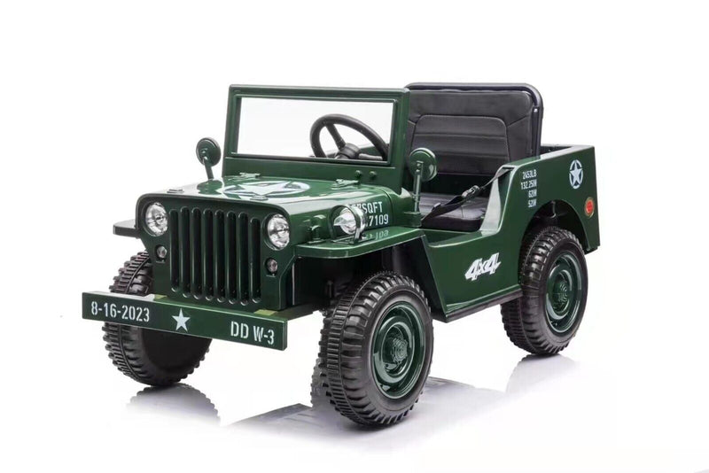 Load image into Gallery viewer, 12V Electric Jeep with Bluetooth MP3, Rubber EVA Tires, and Remote Control in Tan, Black, and Green
