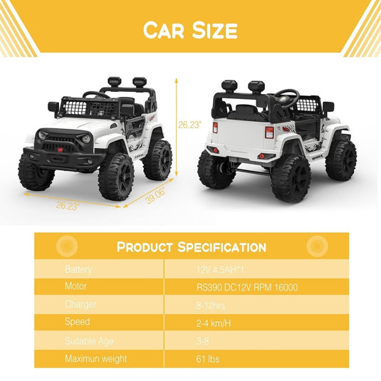 12V Electric Kids Ride On Jeep with Bluetooth Remote and Safety Belt