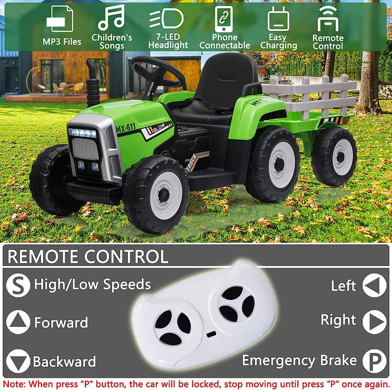 Load image into Gallery viewer, 12V Electric Kids Ride On Tractor with Trailer - Battery Powered Car Toy for Christmas
