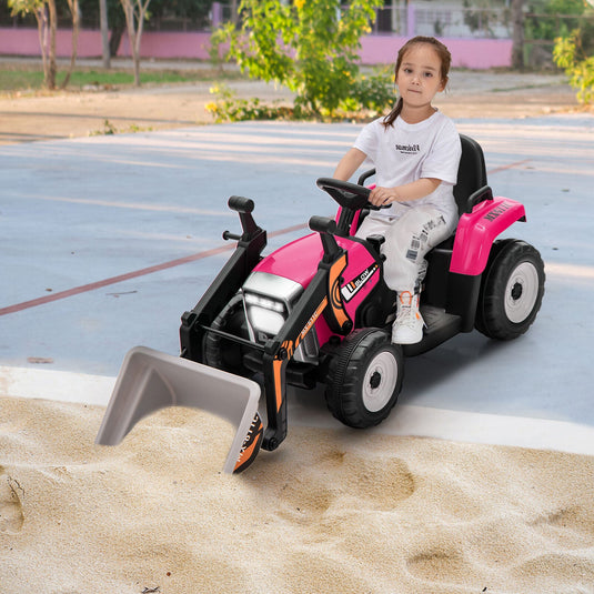 12V Electric Pink Excavator Digger Tractor with RC Control and Digging Bucket for Kids
