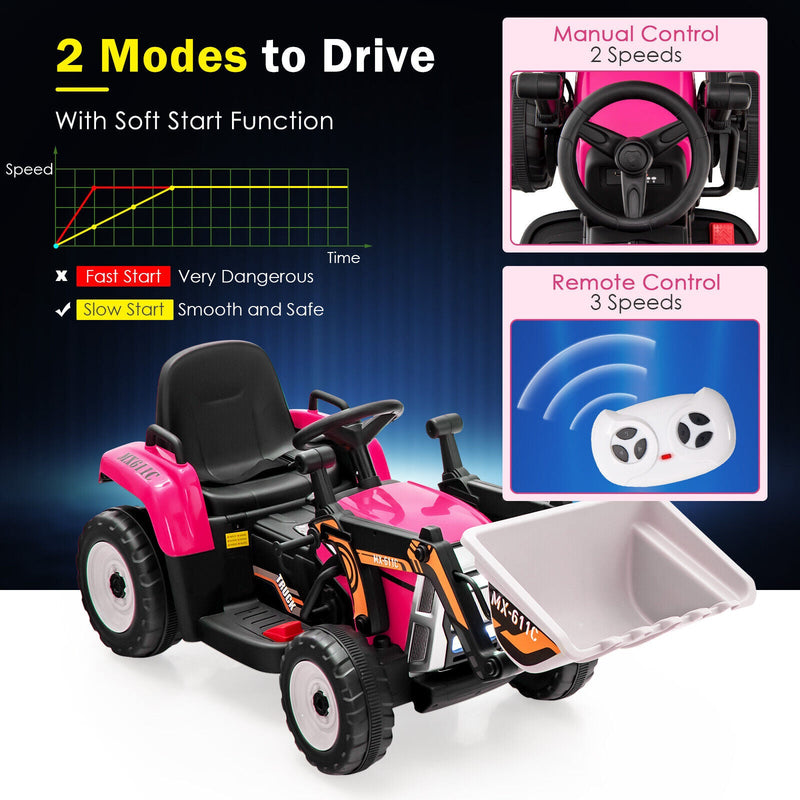 Load image into Gallery viewer, 12V Electric Pink Excavator Digger Tractor with RC Control and Digging Bucket for Kids

