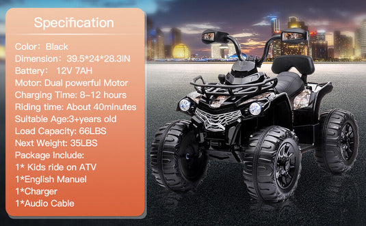12V Battery Powered Ride On Quad ATV Toy with LED Headlights for Kids