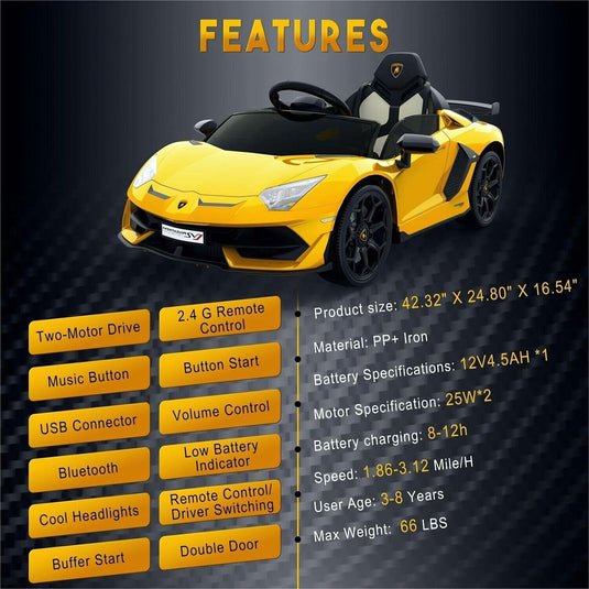Electric Sports Car for Kids with 2 Speeds and LED Lights - 12V Ride-On Vehicle with Remote Control