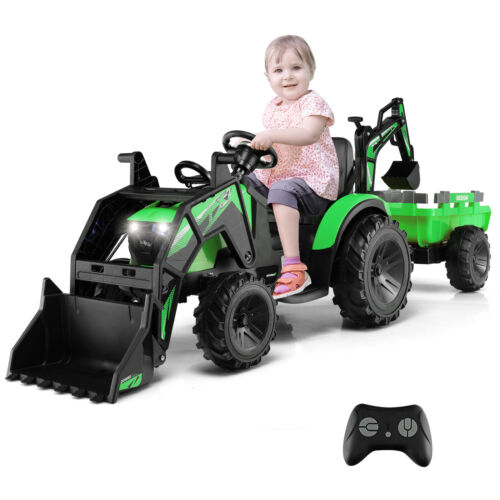 Yellow 12V Electric Ride-On Excavator Bulldozer Rubber Tires with Trailer for Kids - Remote Control Included