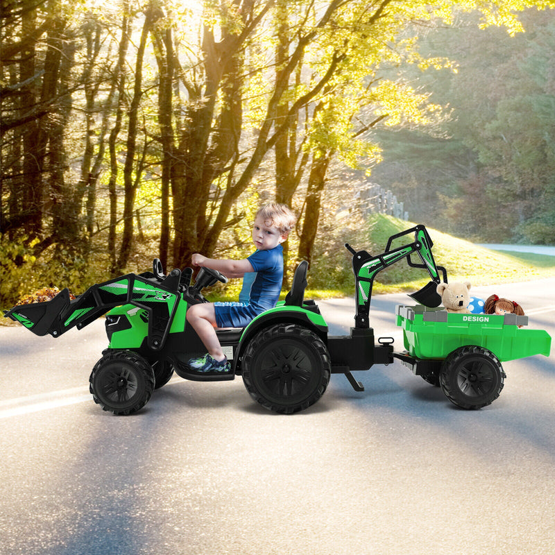 Load image into Gallery viewer, Yellow 12V Electric Ride-On Excavator Bulldozer Rubber Tires with Trailer for Kids - Remote Control Included
