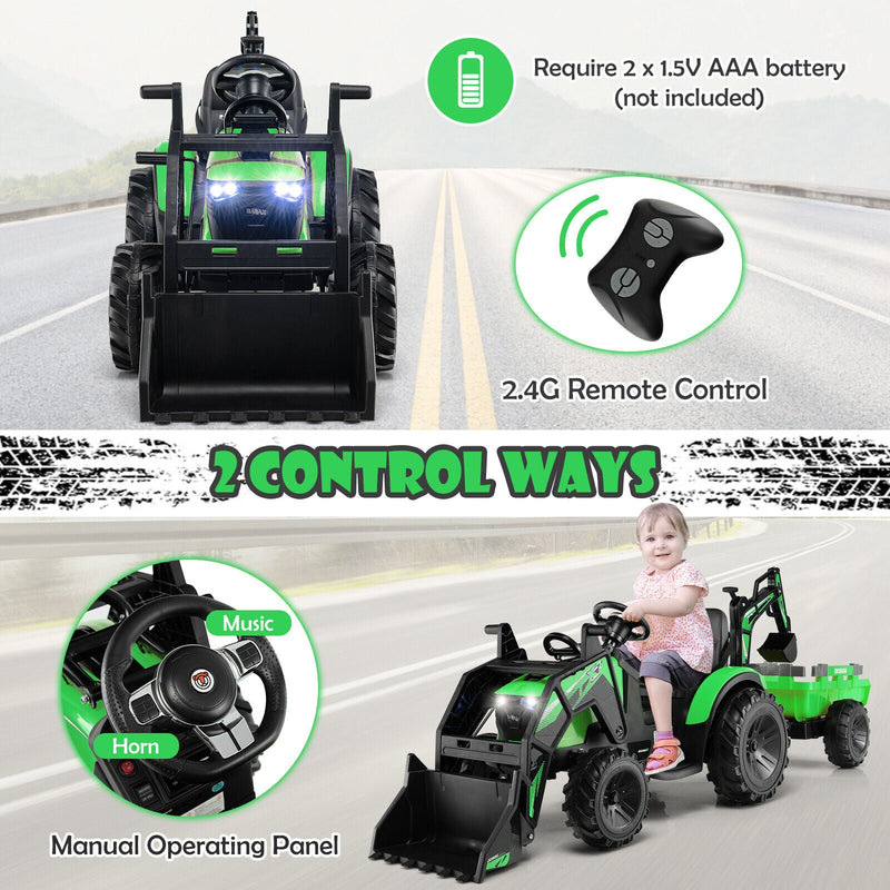 Load image into Gallery viewer, Yellow 12V Electric Ride-On Excavator Bulldozer Rubber Tires with Trailer for Kids - Remote Control Included
