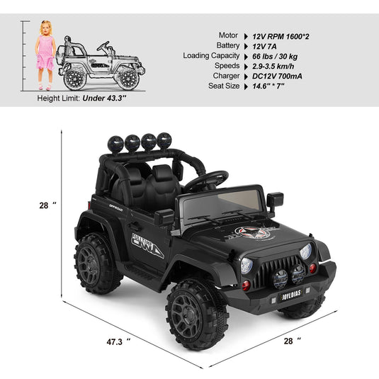 12V Electric Ride-On Jeep for Kids with LED Lights, Music, and Bluetooth Remote Control