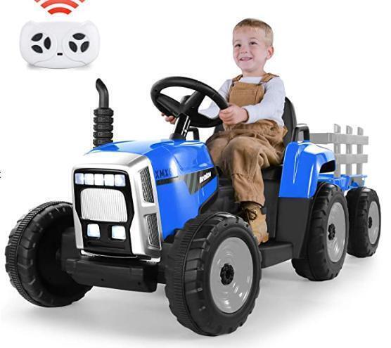 Load image into Gallery viewer, 12V Electric Ride-On Tractor with Trailer and MP3 Player for Kids - Featuring 7 LED Headlights
