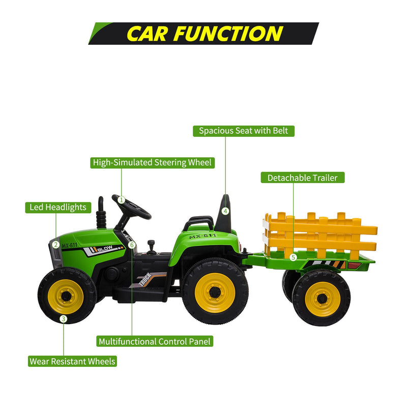 Load image into Gallery viewer, 12V Electric Ride-On Tractor with Trailer and MP3 Player for Kids - Featuring 7 LED Headlights
