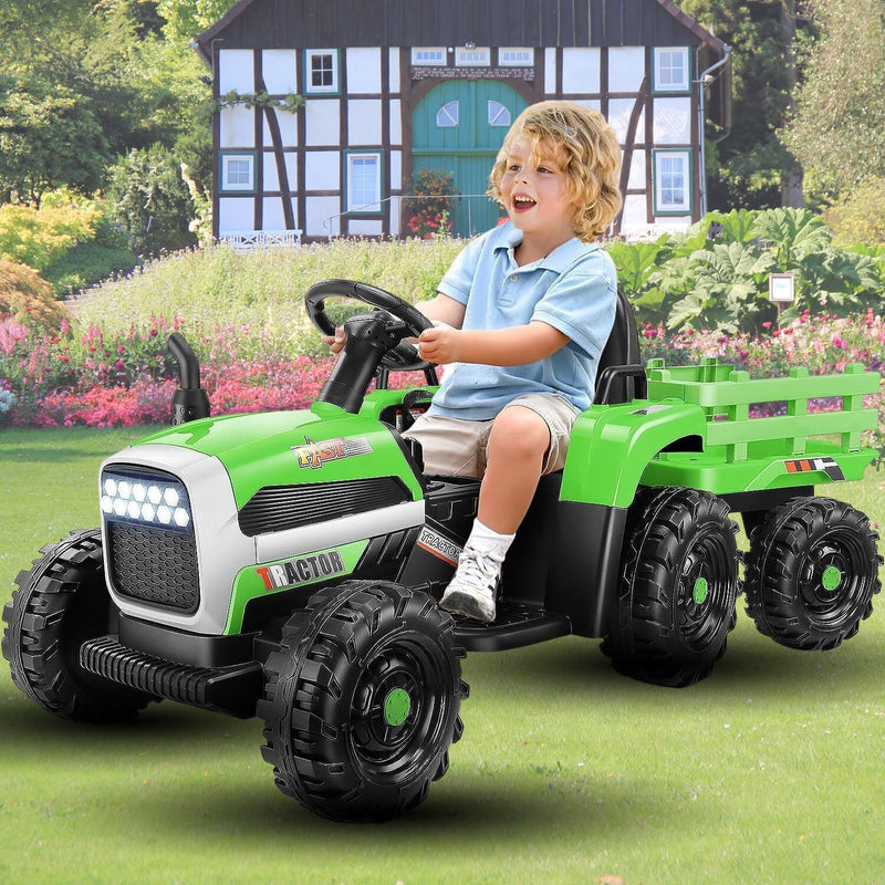 Load image into Gallery viewer, Electric Ride-On Tractor Car Toy with Trailer for Kids - 12V, 60W, 3-Speed, Remote Control and AUX Port
