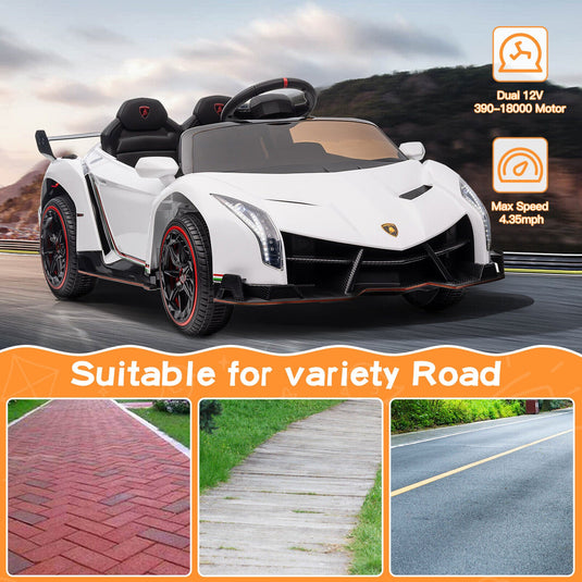 Licensed Lamborghini Style Kids Ride On Car with Remote Control, Music, and LED Lights - 12V