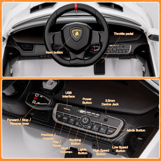 Licensed Lamborghini Style Kids Ride On Car with Remote Control, Music, and LED Lights - 12V