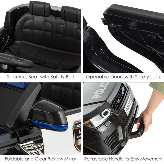 12V Kids Ride On Police Car with RC Control, Light & Siren - Black