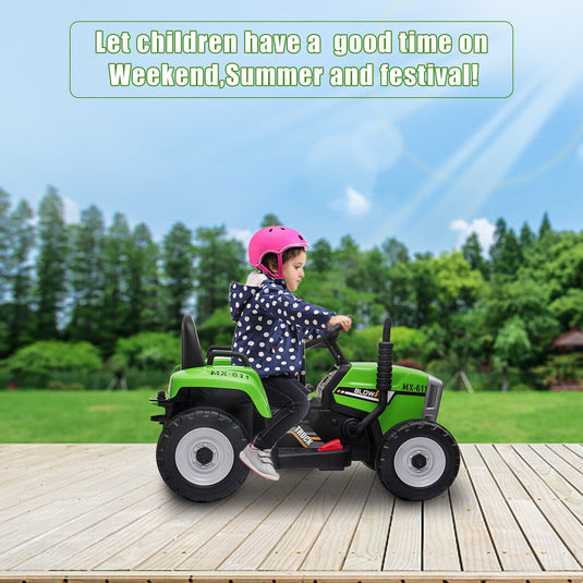 12V Kids Ride-On Tractor Car with Trailer and LED Lights - Battery Powered Toy Truck